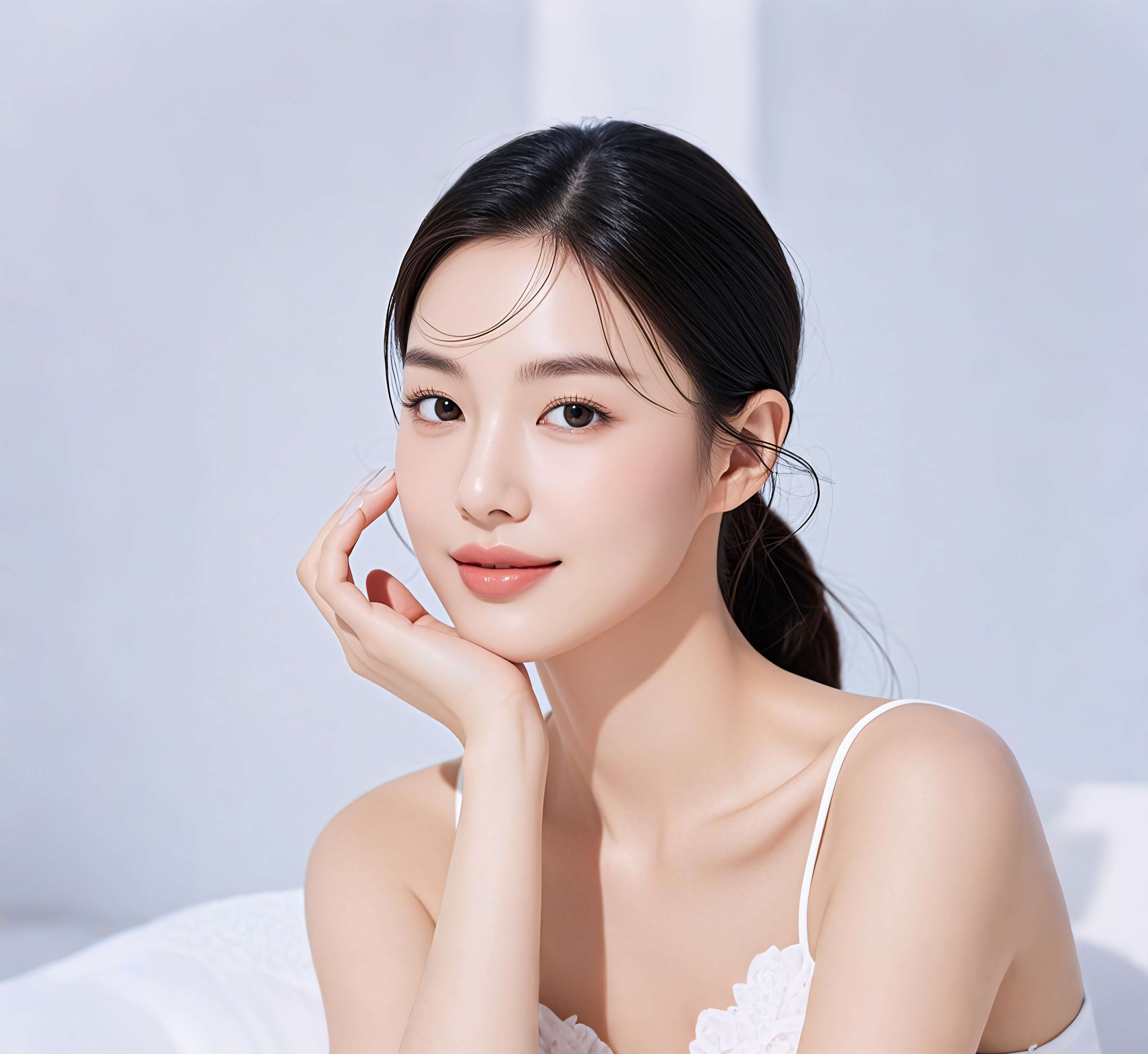 Beautiful Asian girl with cosmetics modeling clean face closeups