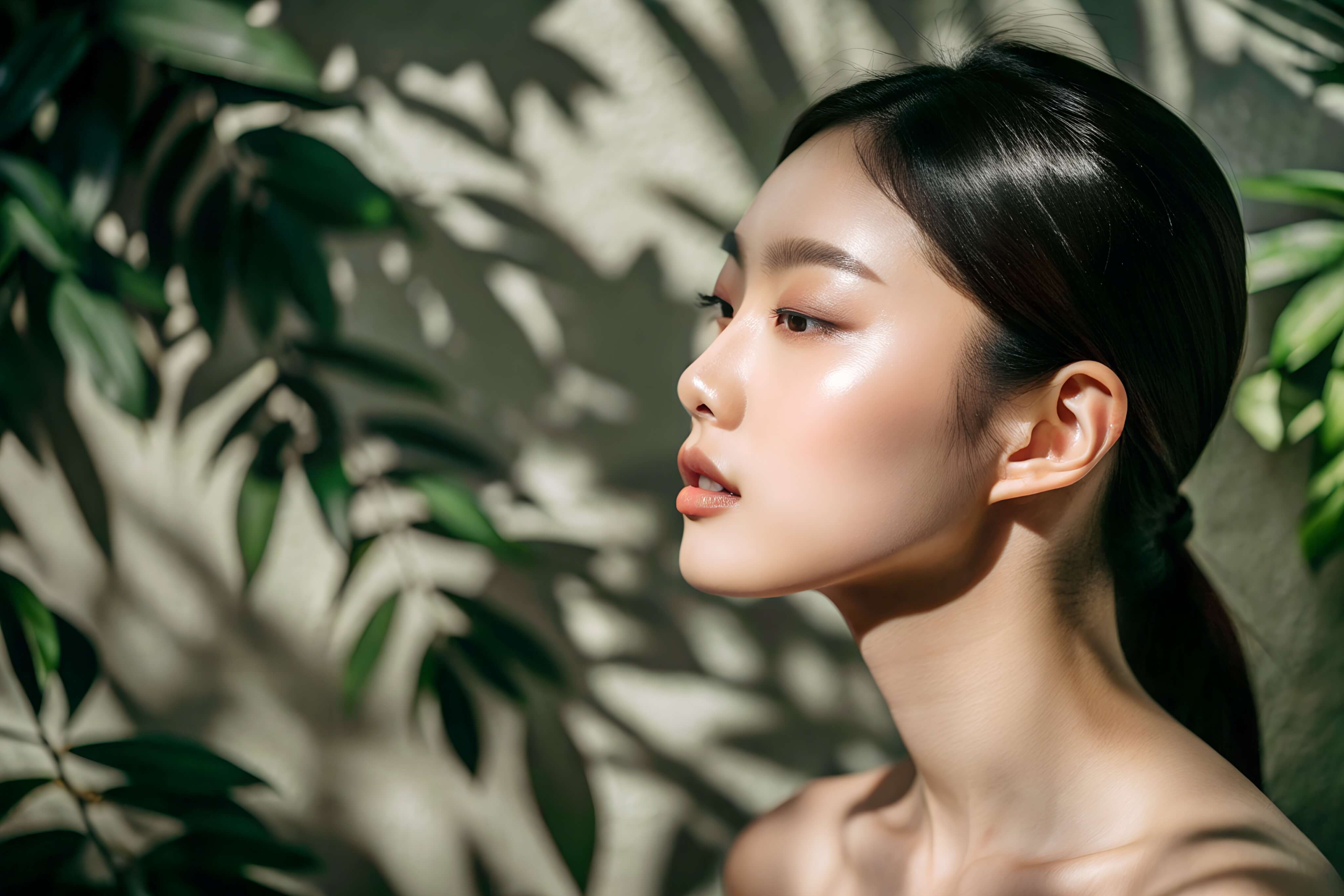 Skin care concept. Beautiful young asian woman model with beauty face and healthy facial skin portrait on leaves shadow background. Copy space